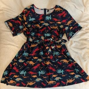 SHEIN Dinosaur Dress, Polyester, Blue with Colorful Dinosaur Print, with Tie